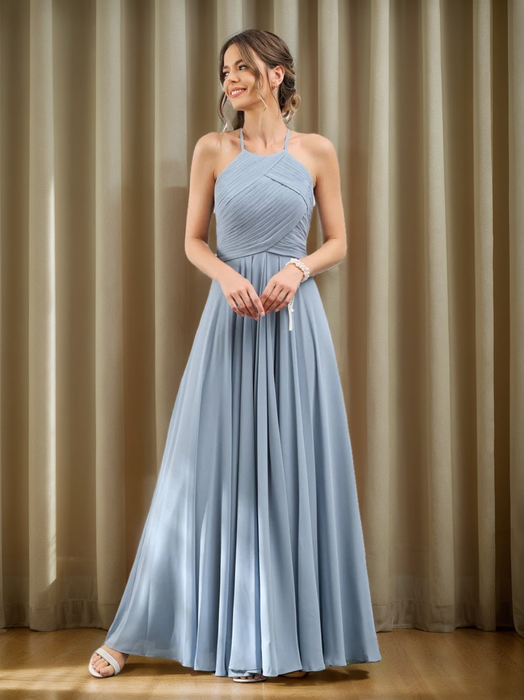 Princess A-Line Halter Floor-Length Chiffon Bridesmaid Dresses with Ruched Sleeveless Design