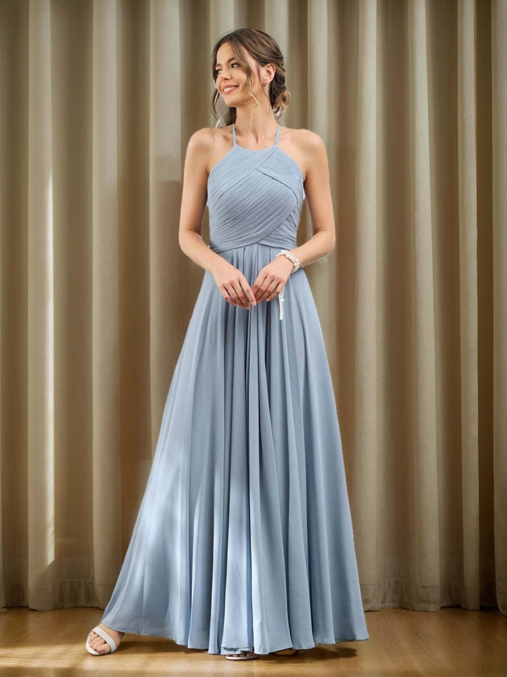 Princess A-Line Halter Floor-Length Chiffon Bridesmaid Dresses with Ruched Sleeveless Design