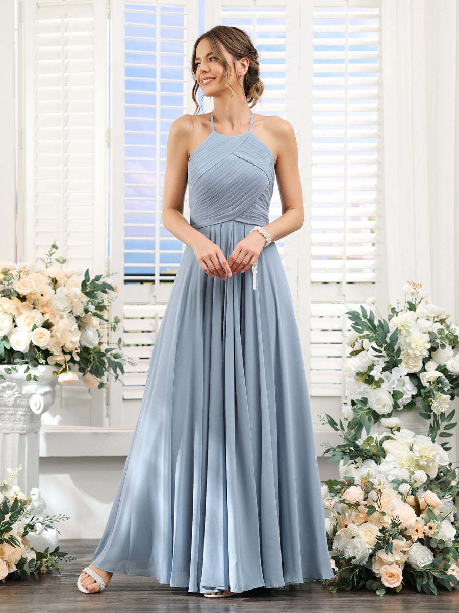 Princess A-Line Halter Floor-Length Chiffon Bridesmaid Dresses with Ruched Sleeveless Design
