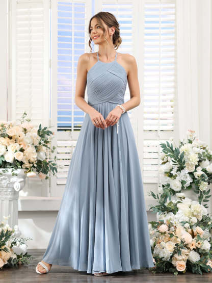 Princess A-Line Halter Floor-Length Chiffon Bridesmaid Dresses with Ruched Sleeveless Design