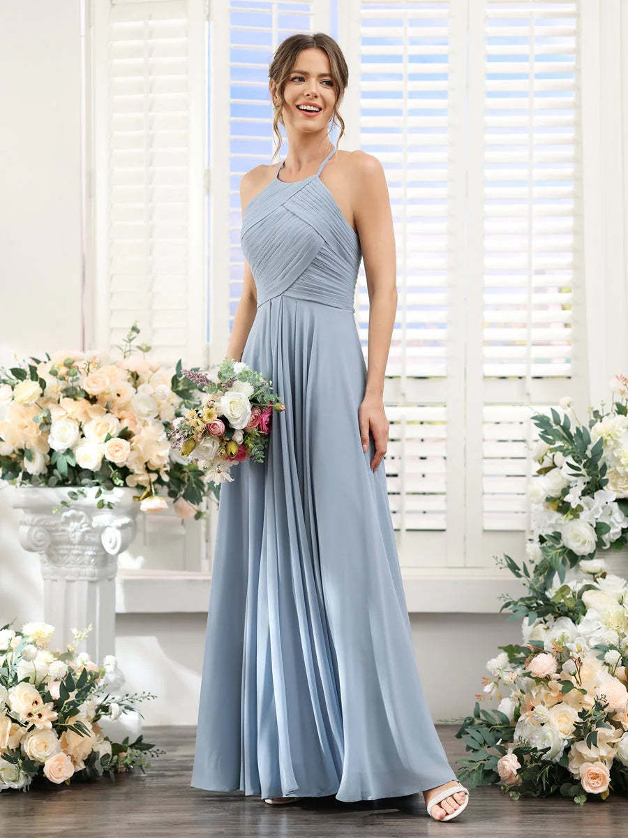 Princess A-Line Halter Floor-Length Chiffon Bridesmaid Dresses with Ruched Sleeveless Design