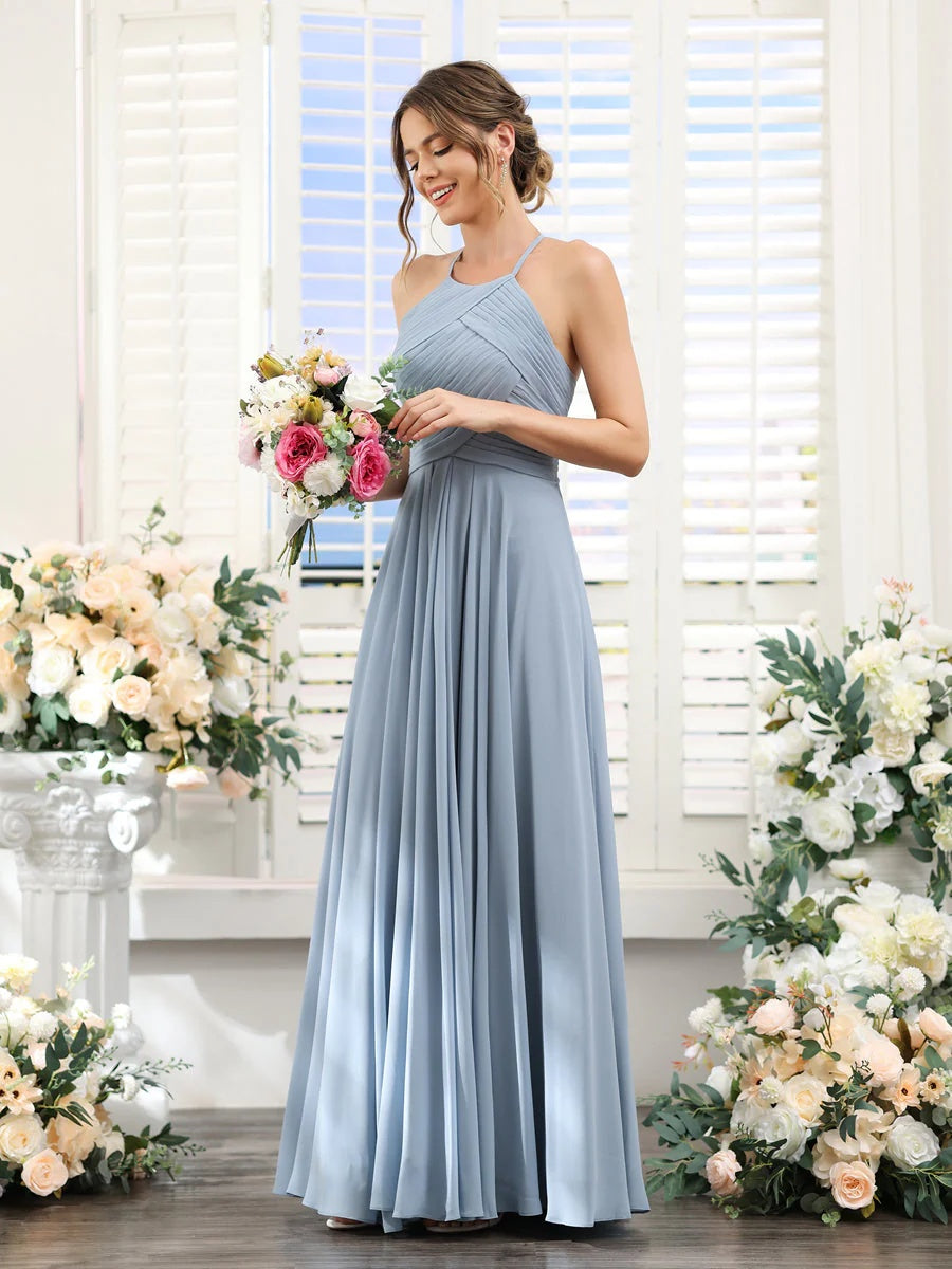 Princess A-Line Halter Floor-Length Chiffon Bridesmaid Dresses with Ruched Sleeveless Design