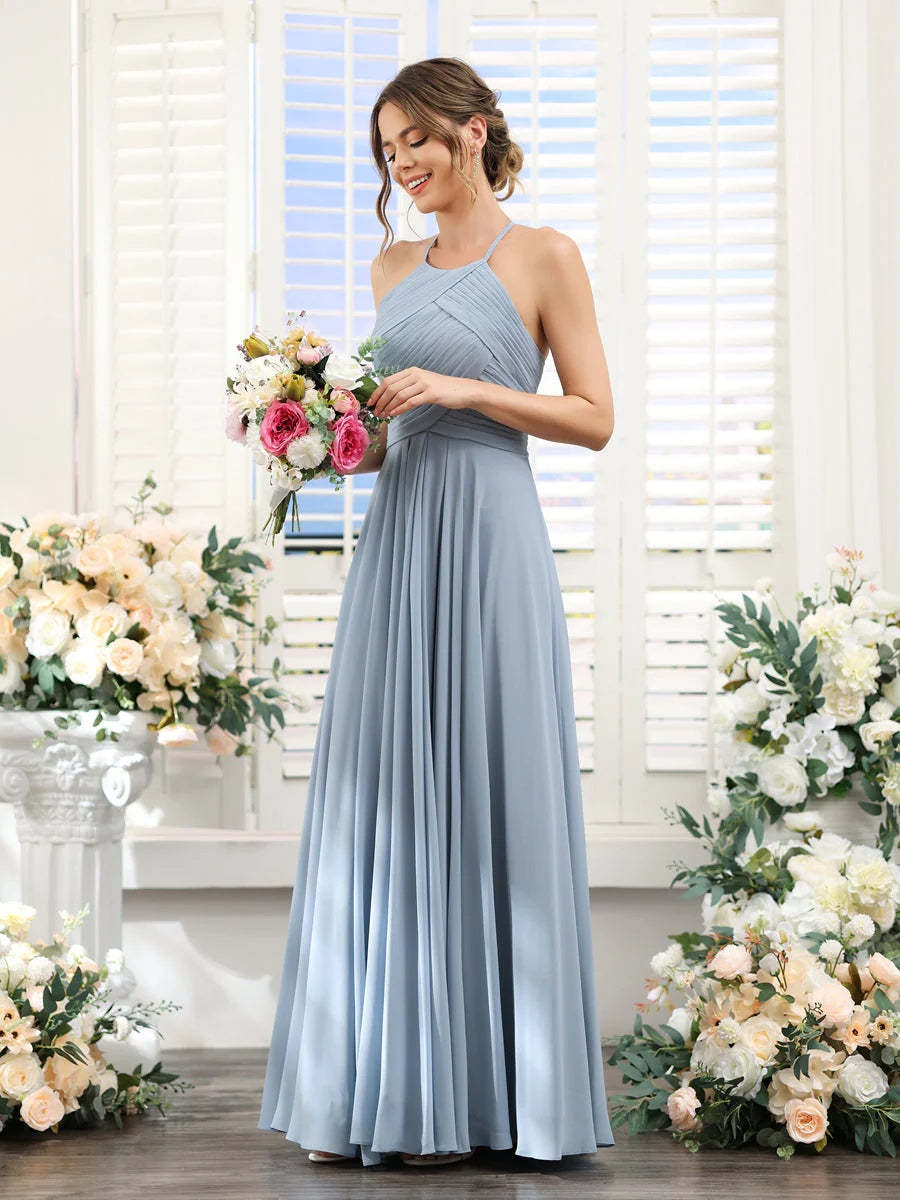 Princess A-Line Halter Floor-Length Chiffon Bridesmaid Dresses with Ruched Sleeveless Design