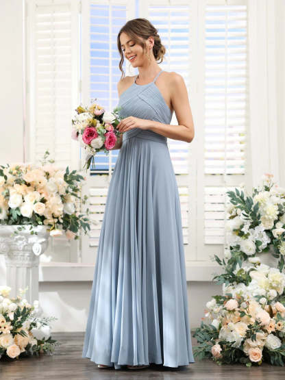 Princess A-Line Halter Floor-Length Chiffon Bridesmaid Dresses with Ruched Sleeveless Design