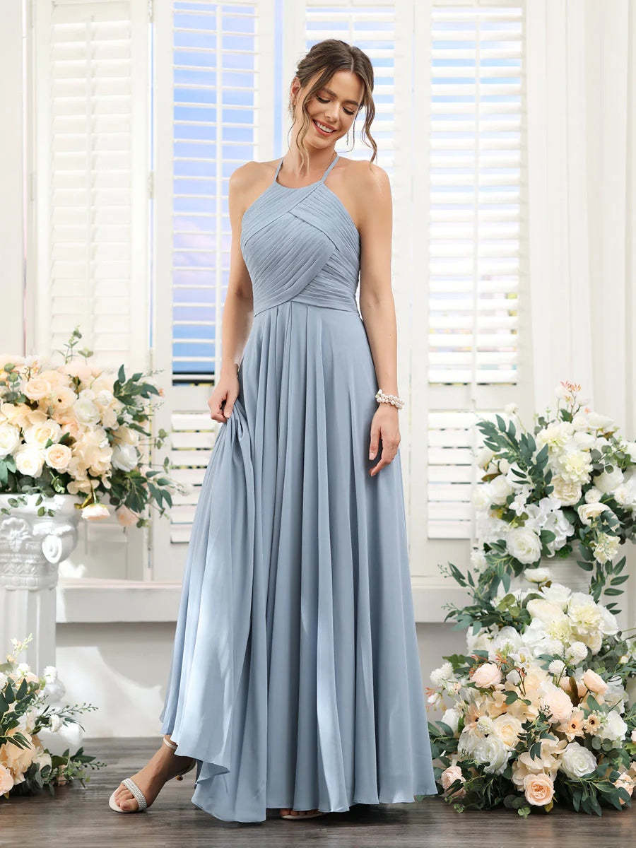 Princess A-Line Halter Floor-Length Chiffon Bridesmaid Dresses with Ruched Sleeveless Design