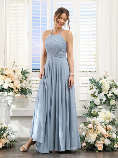Princess A-Line Halter Floor-Length Chiffon Bridesmaid Dresses with Ruched Sleeveless Design