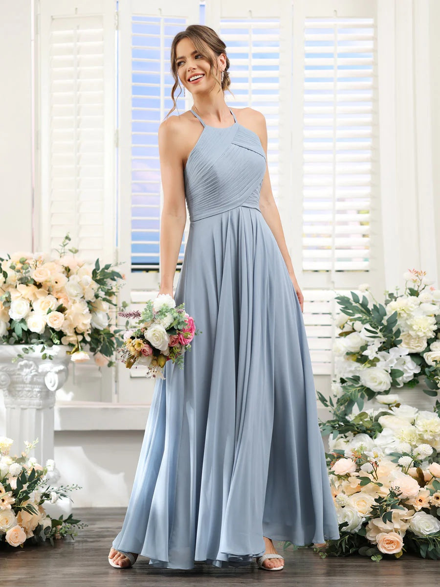 Princess A-Line Halter Floor-Length Chiffon Bridesmaid Dresses with Ruched Sleeveless Design
