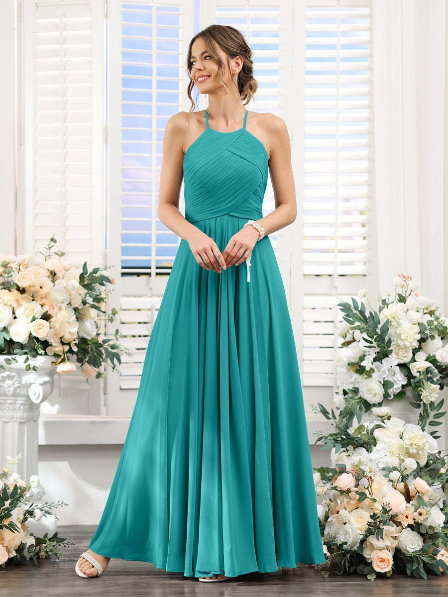 Princess A-Line Halter Floor-Length Chiffon Bridesmaid Dresses with Ruched Sleeveless Design