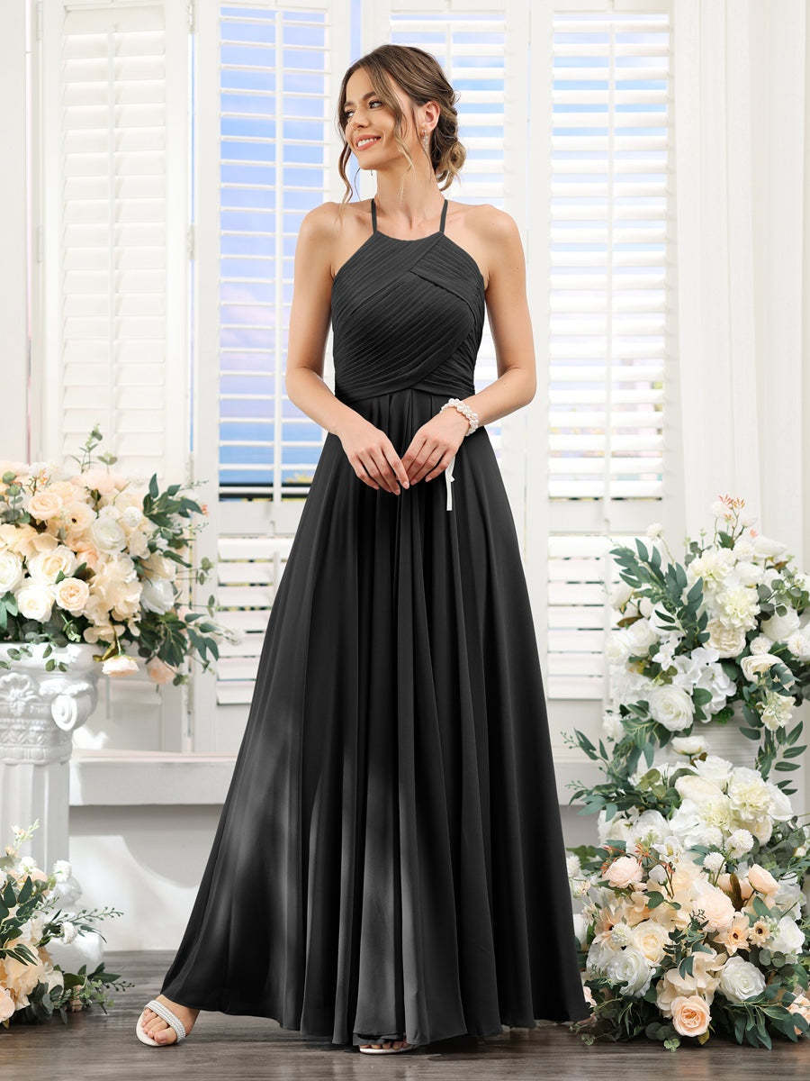 Princess A-Line Halter Floor-Length Chiffon Bridesmaid Dresses with Ruched Sleeveless Design