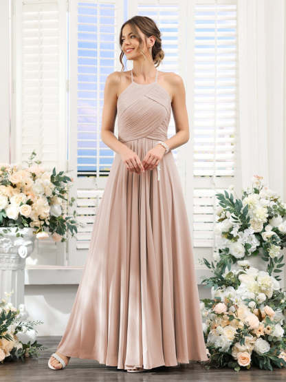 Princess A-Line Halter Floor-Length Chiffon Bridesmaid Dresses with Ruched Sleeveless Design