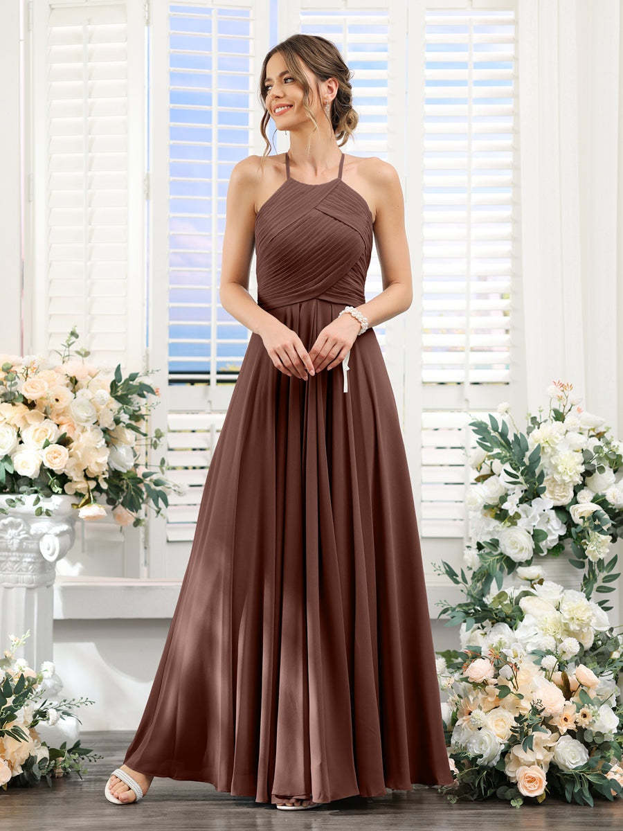 Princess A-Line Halter Floor-Length Chiffon Bridesmaid Dresses with Ruched Sleeveless Design