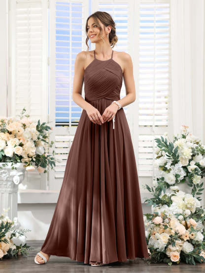 Princess A-Line Halter Floor-Length Chiffon Bridesmaid Dresses with Ruched Sleeveless Design