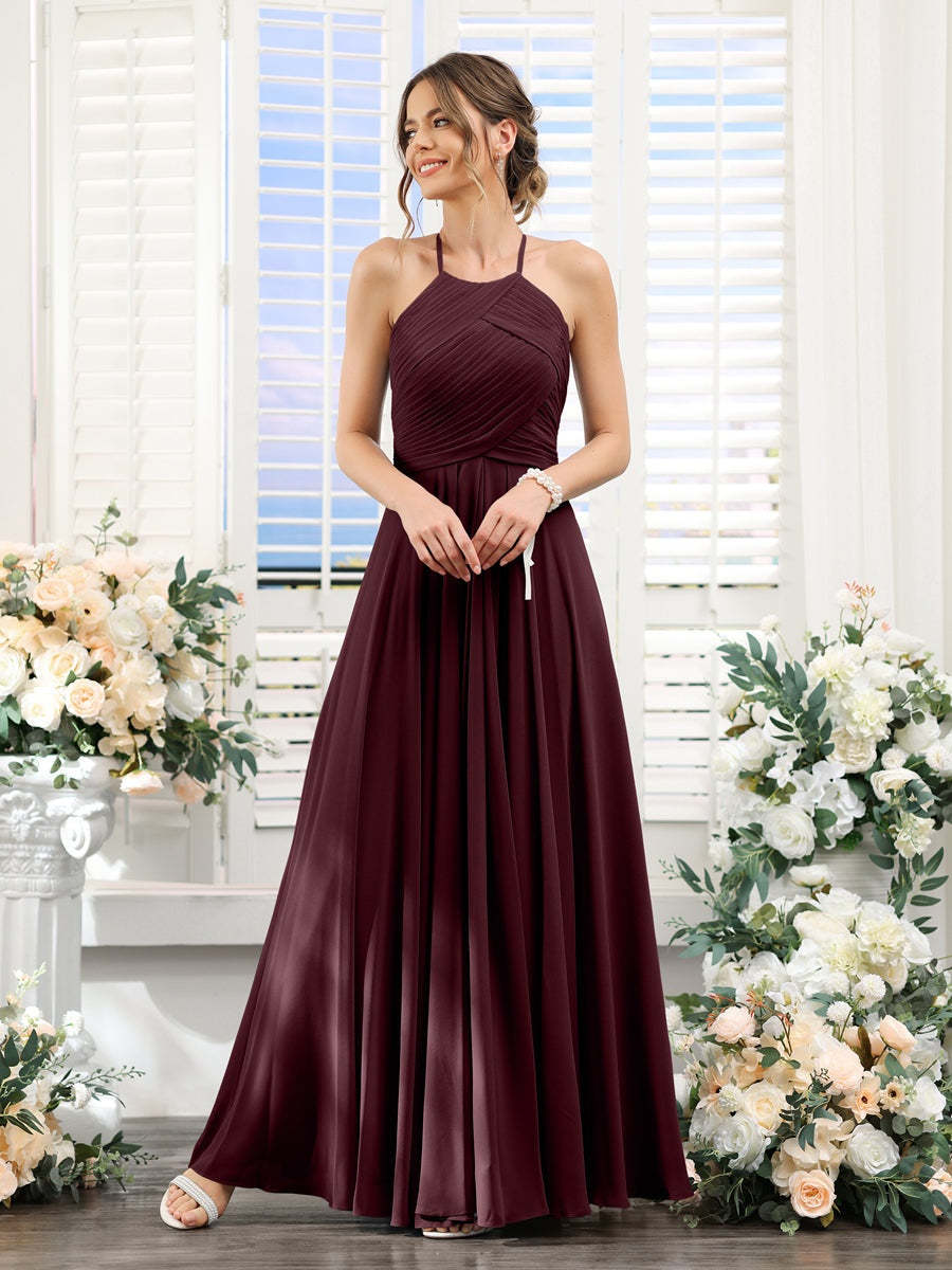 Princess A-Line Halter Floor-Length Chiffon Bridesmaid Dresses with Ruched Sleeveless Design