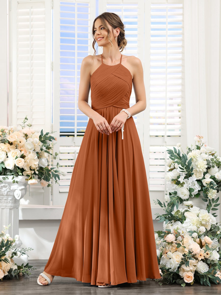 Princess A-Line Halter Floor-Length Chiffon Bridesmaid Dresses with Ruched Sleeveless Design