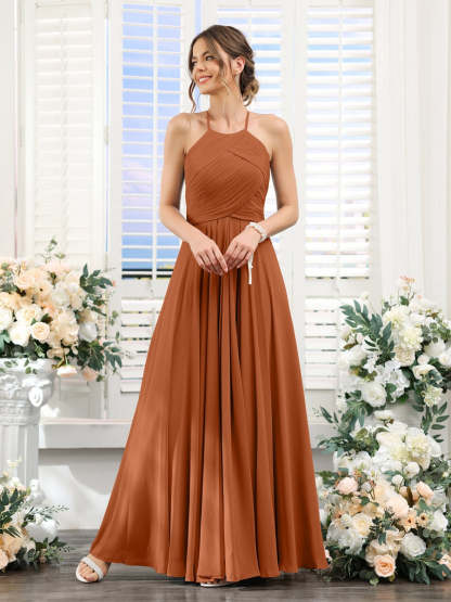Princess A-Line Halter Floor-Length Chiffon Bridesmaid Dresses with Ruched Sleeveless Design