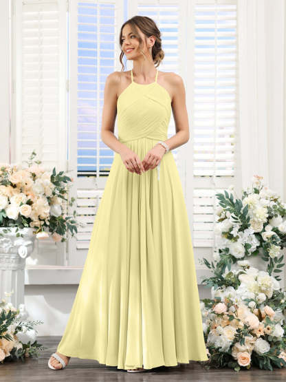 Princess A-Line Halter Floor-Length Chiffon Bridesmaid Dresses with Ruched Sleeveless Design