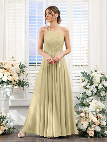 Princess A-Line Halter Floor-Length Chiffon Bridesmaid Dresses with Ruched Sleeveless Design