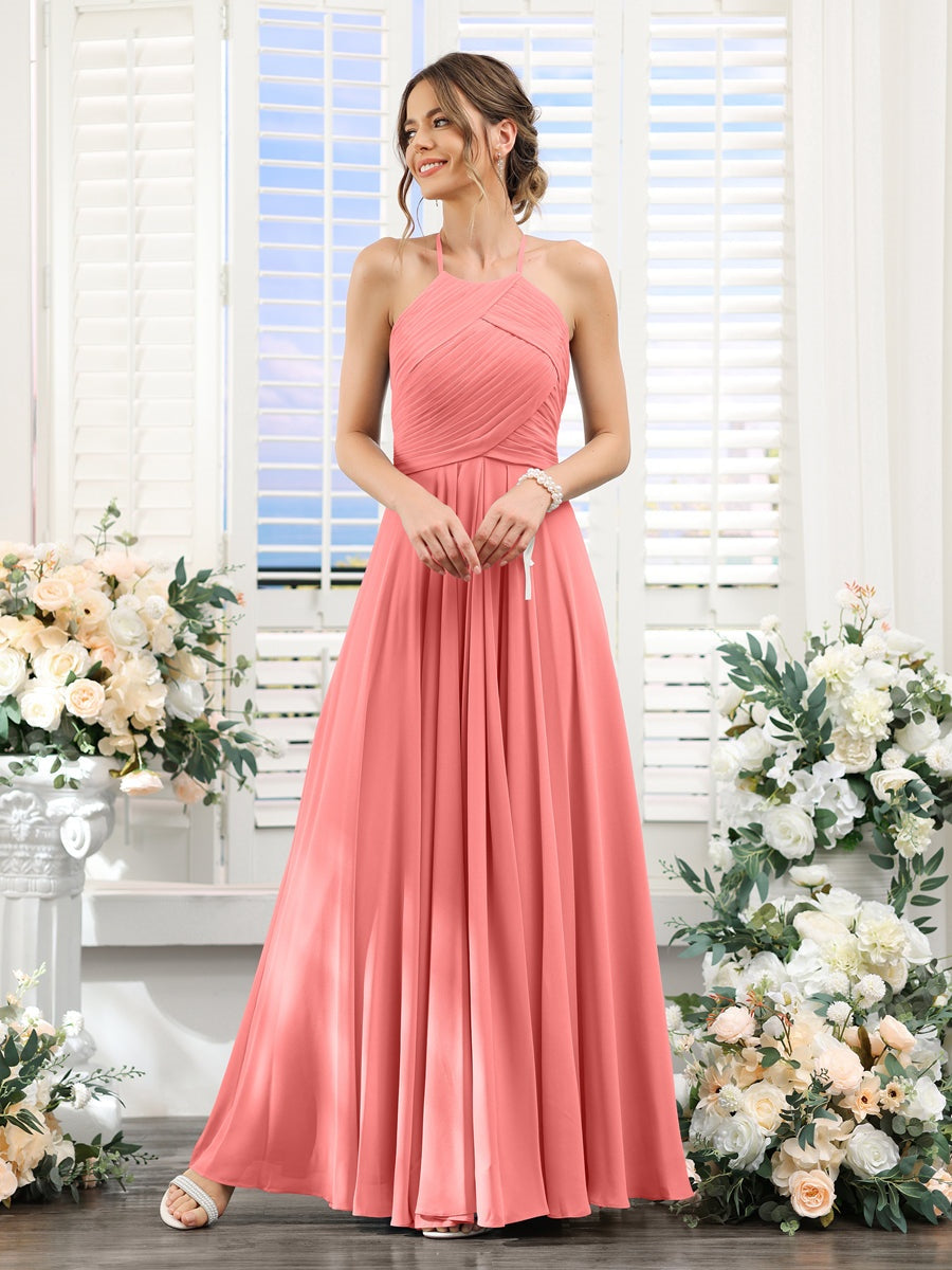 Princess A-Line Halter Floor-Length Chiffon Bridesmaid Dresses with Ruched Sleeveless Design