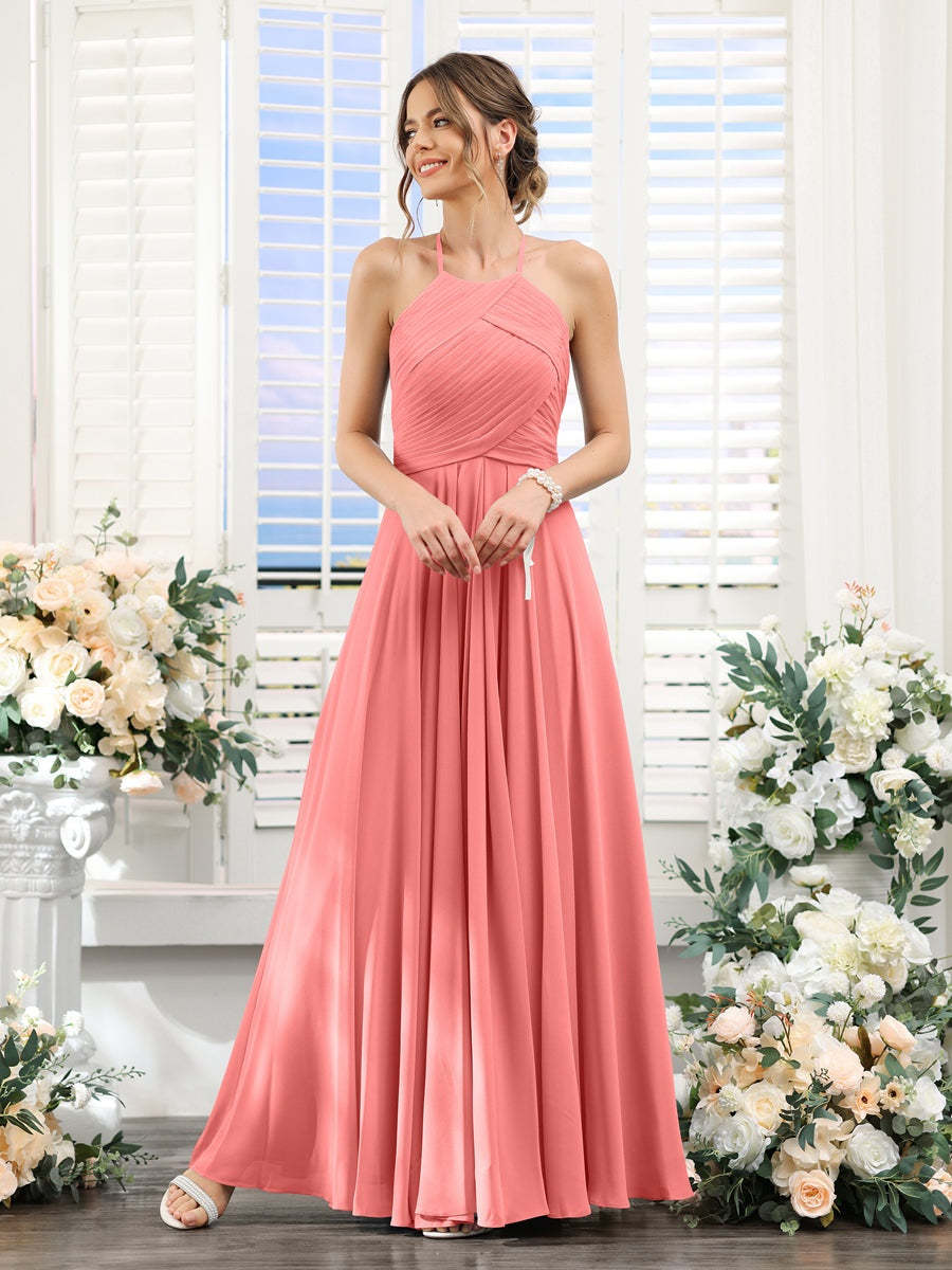 Princess A-Line Halter Floor-Length Chiffon Bridesmaid Dresses with Ruched Sleeveless Design