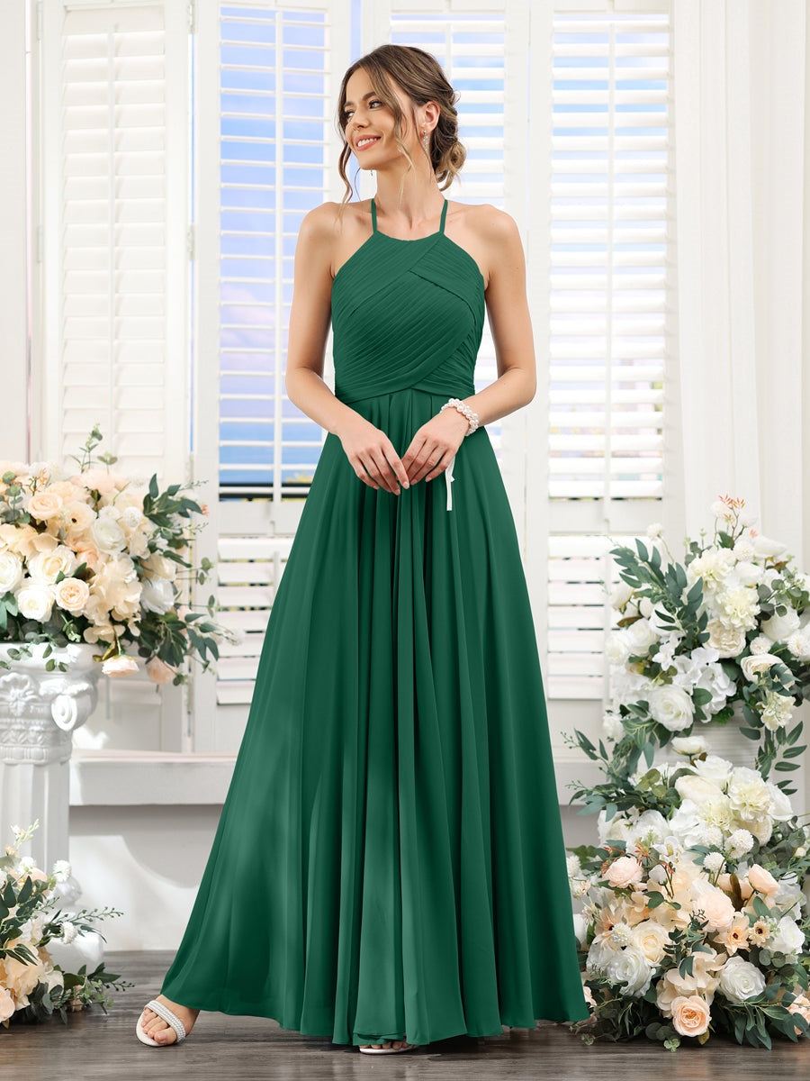 Princess A-Line Halter Floor-Length Chiffon Bridesmaid Dresses with Ruched Sleeveless Design