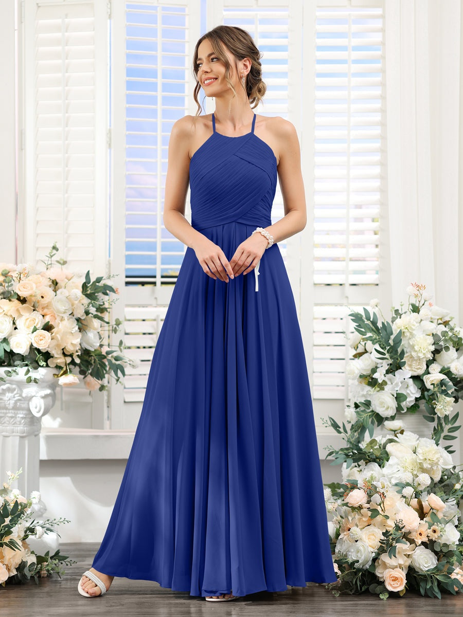 Princess A-Line Halter Floor-Length Chiffon Bridesmaid Dresses with Ruched Sleeveless Design