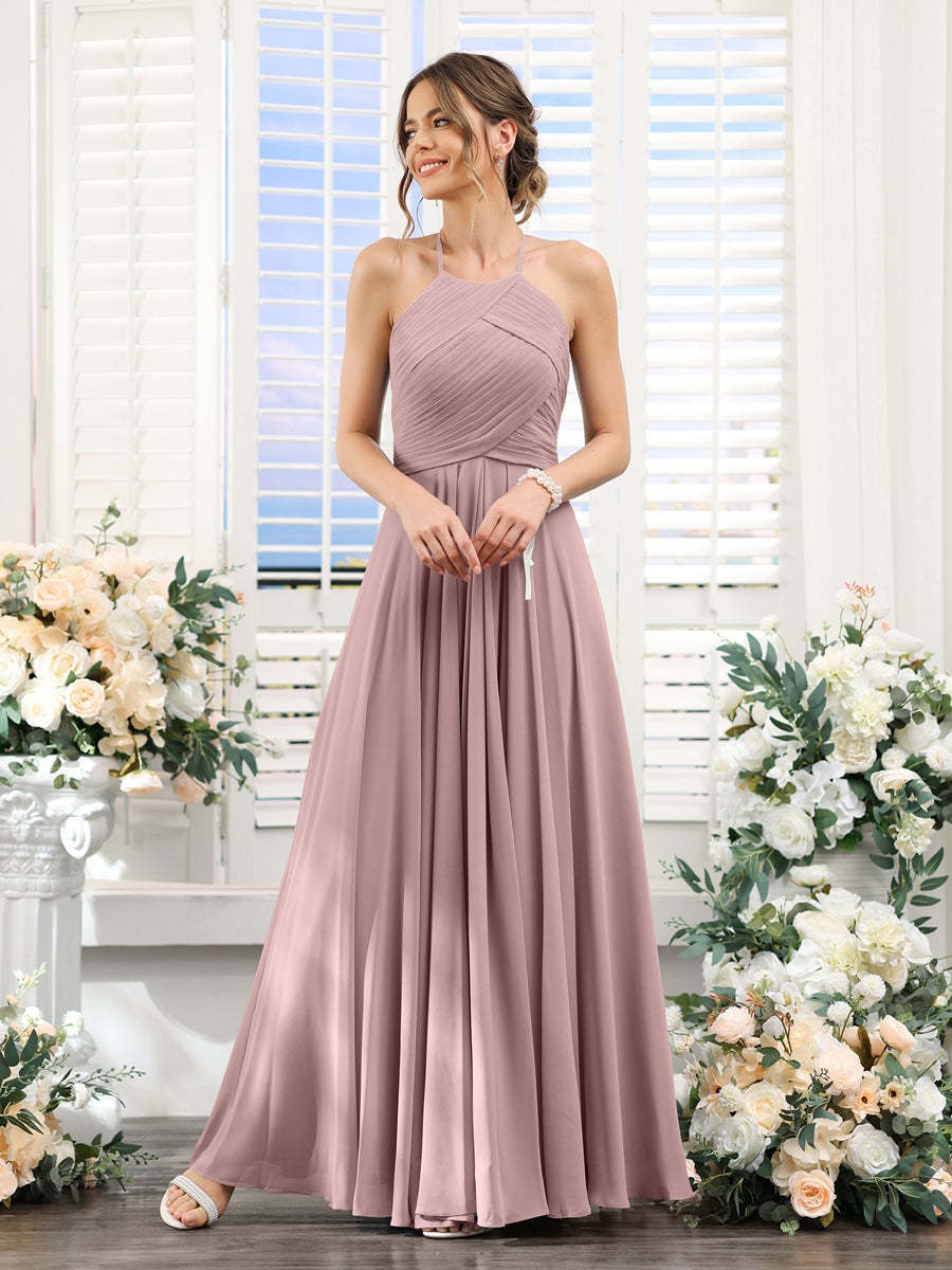 Princess A-Line Halter Floor-Length Chiffon Bridesmaid Dresses with Ruched Sleeveless Design