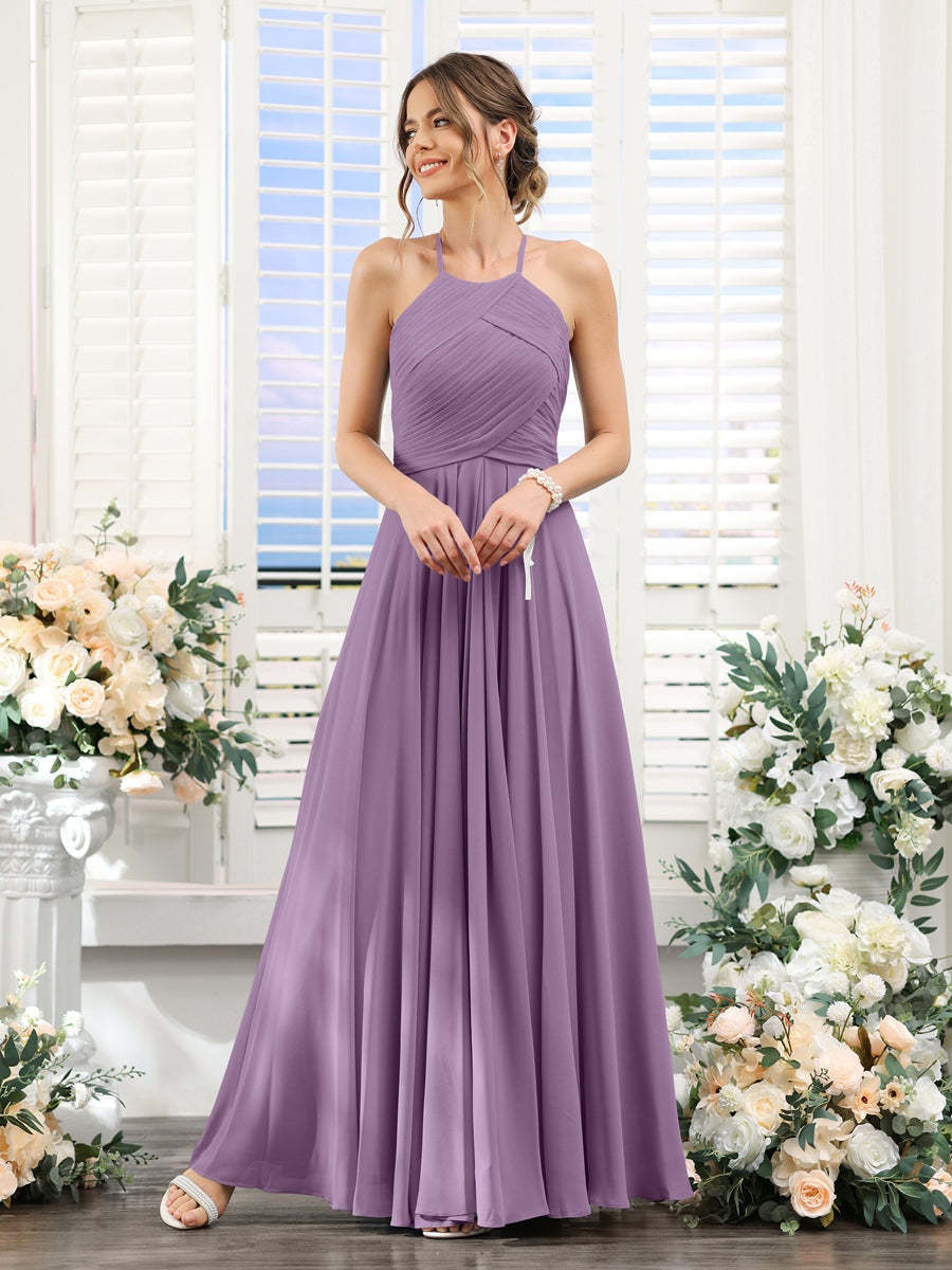 Princess A-Line Halter Floor-Length Chiffon Bridesmaid Dresses with Ruched Sleeveless Design