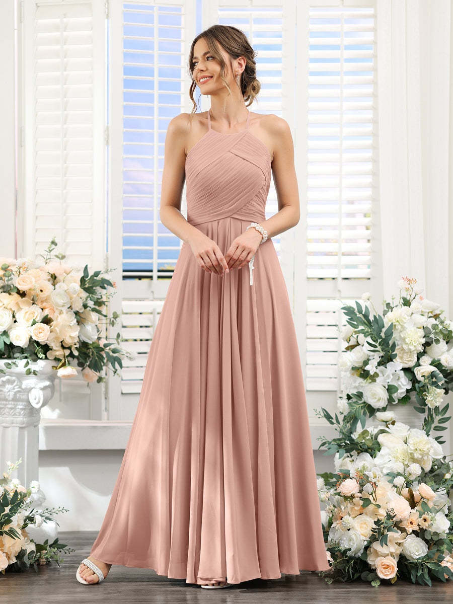 Princess A-Line Halter Floor-Length Chiffon Bridesmaid Dresses with Ruched Sleeveless Design