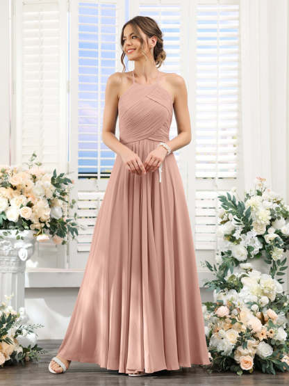 Princess A-Line Halter Floor-Length Chiffon Bridesmaid Dresses with Ruched Sleeveless Design