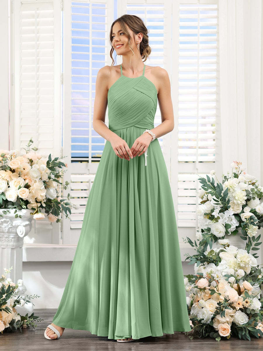 Princess A-Line Halter Floor-Length Chiffon Bridesmaid Dresses with Ruched Sleeveless Design