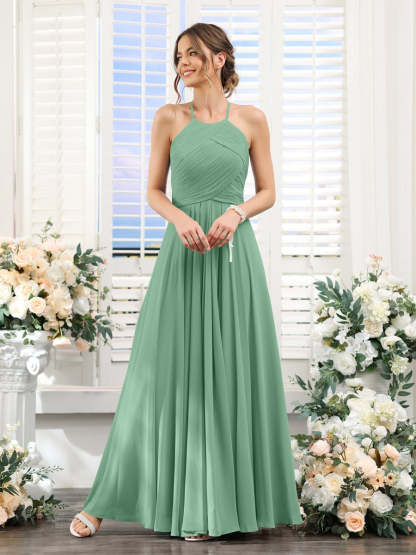 Princess A-Line Halter Floor-Length Chiffon Bridesmaid Dresses with Ruched Sleeveless Design