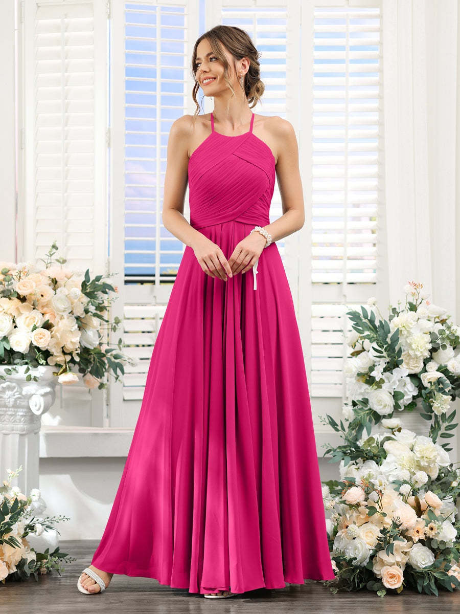Princess A-Line Halter Floor-Length Chiffon Bridesmaid Dresses with Ruched Sleeveless Design