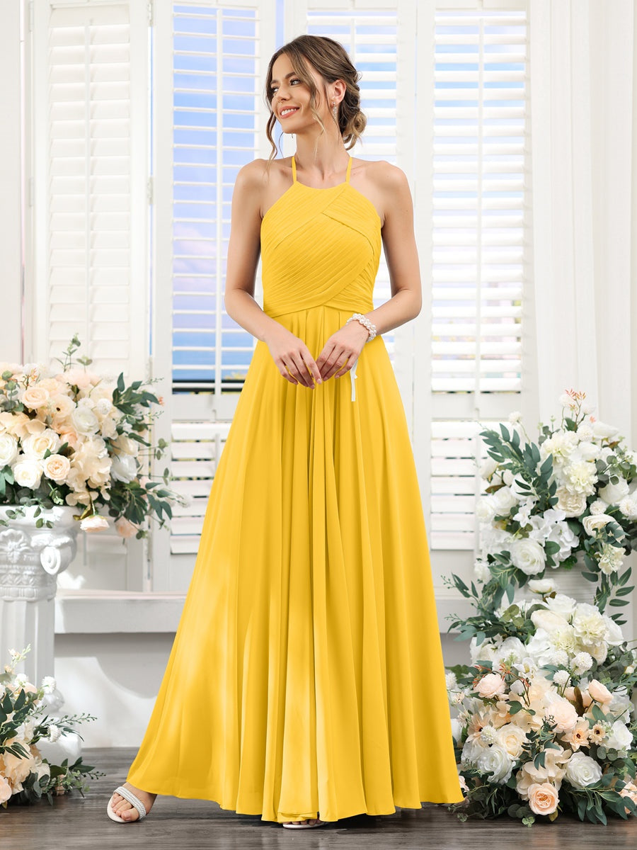 Princess A-Line Halter Floor-Length Chiffon Bridesmaid Dresses with Ruched Sleeveless Design