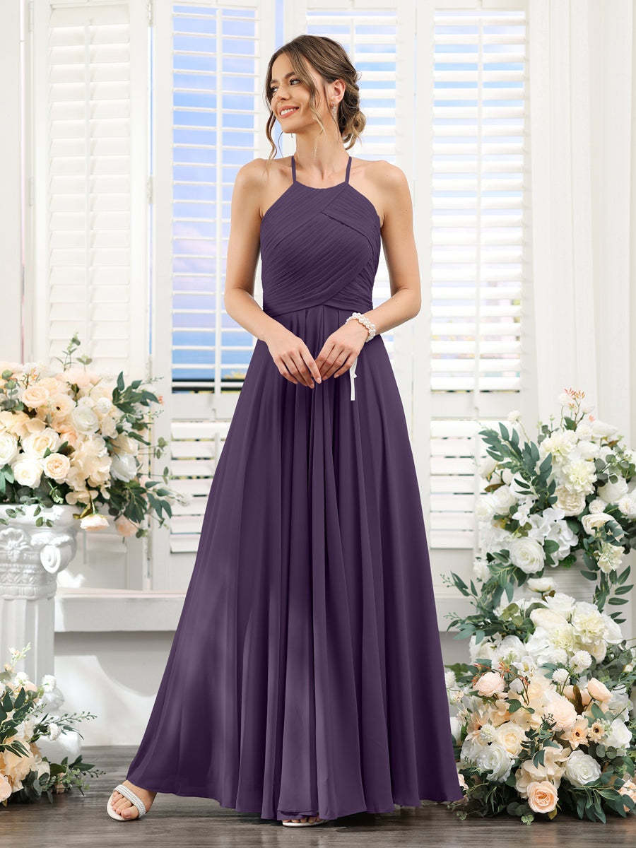 Princess A-Line Halter Floor-Length Chiffon Bridesmaid Dresses with Ruched Sleeveless Design