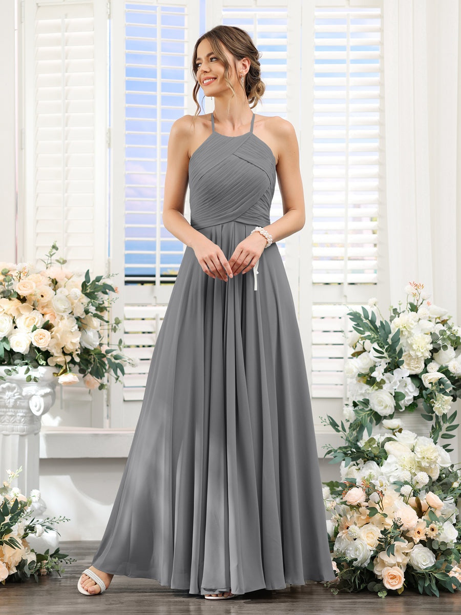 Princess A-Line Halter Floor-Length Chiffon Bridesmaid Dresses with Ruched Sleeveless Design