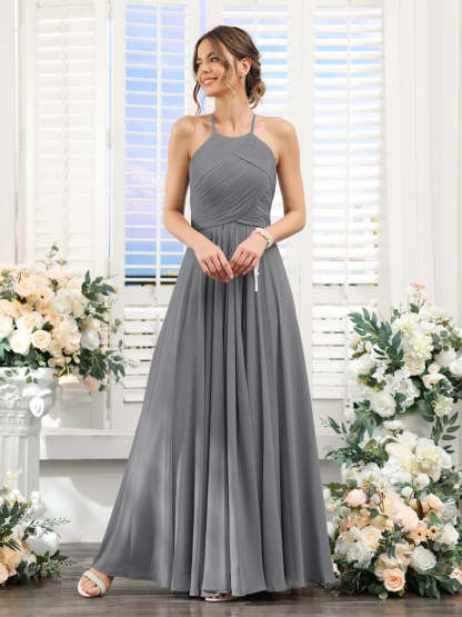 Princess A-Line Halter Floor-Length Chiffon Bridesmaid Dresses with Ruched Sleeveless Design
