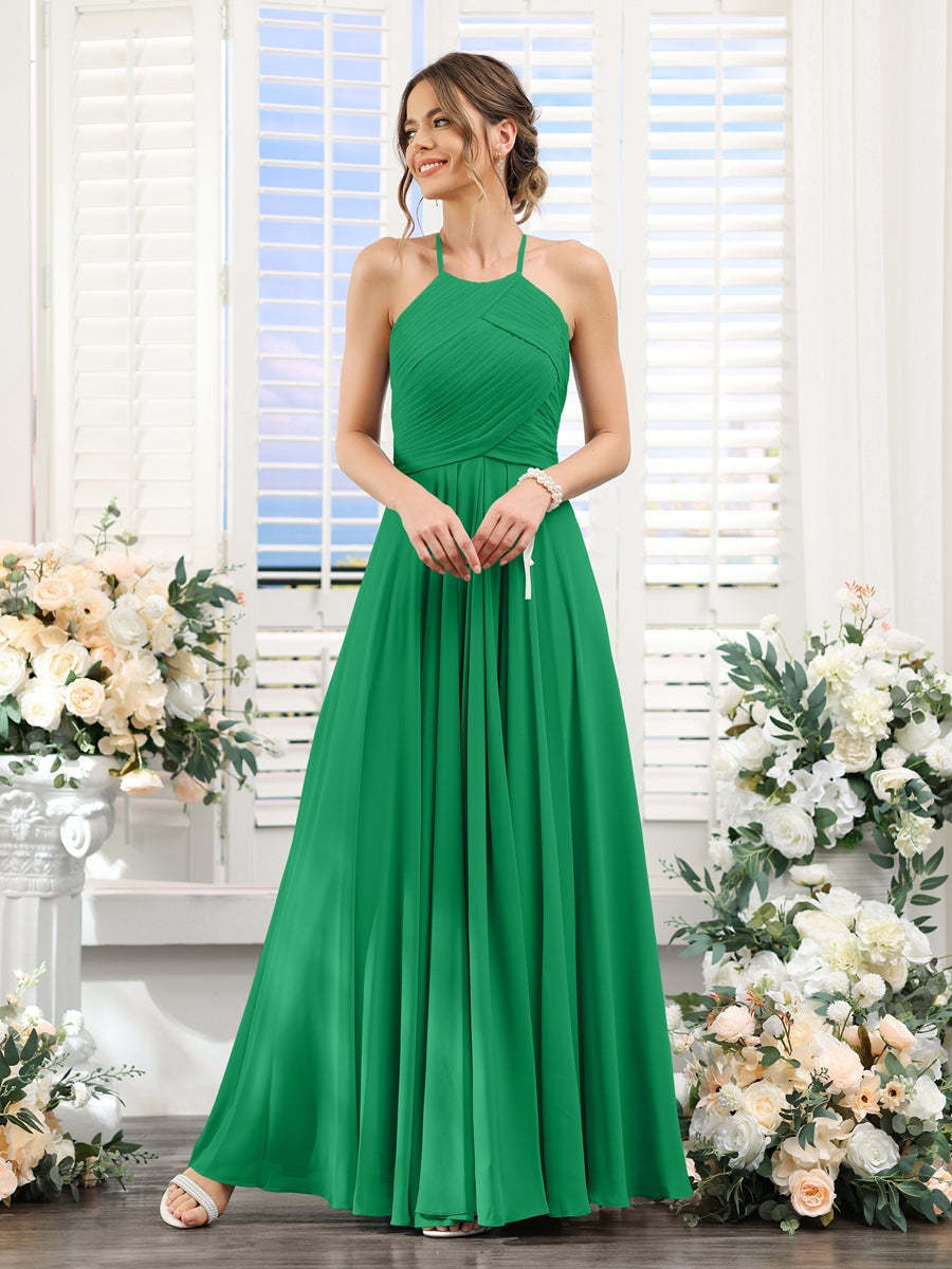 Princess A-Line Halter Floor-Length Chiffon Bridesmaid Dresses with Ruched Sleeveless Design