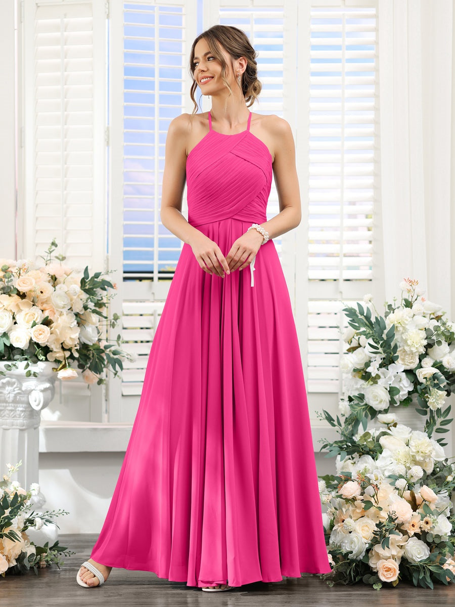 Princess A-Line Halter Floor-Length Chiffon Bridesmaid Dresses with Ruched Sleeveless Design