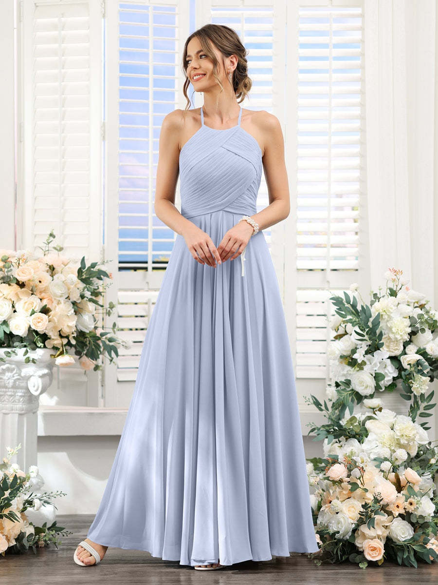 Princess A-Line Halter Floor-Length Chiffon Bridesmaid Dresses with Ruched Sleeveless Design