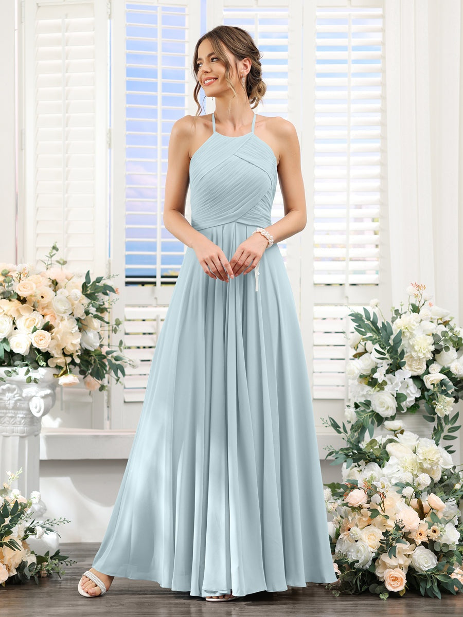 Princess A-Line Halter Floor-Length Chiffon Bridesmaid Dresses with Ruched Sleeveless Design