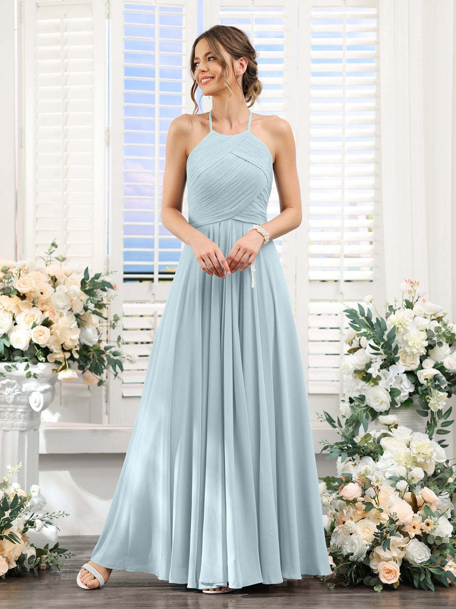 Princess A-Line Halter Floor-Length Chiffon Bridesmaid Dresses with Ruched Sleeveless Design