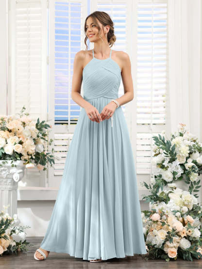 Princess A-Line Halter Floor-Length Chiffon Bridesmaid Dresses with Ruched Sleeveless Design