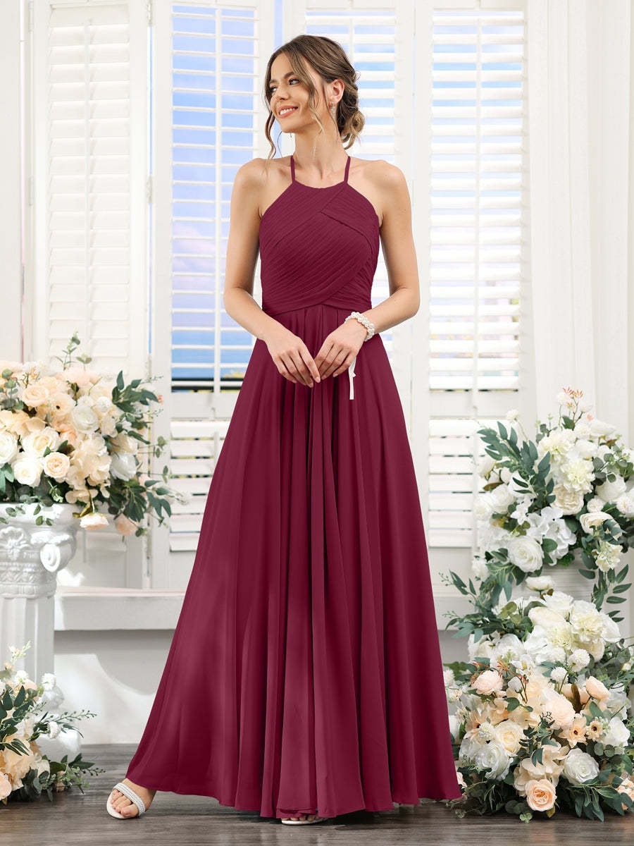 Princess A-Line Halter Floor-Length Chiffon Bridesmaid Dresses with Ruched Sleeveless Design