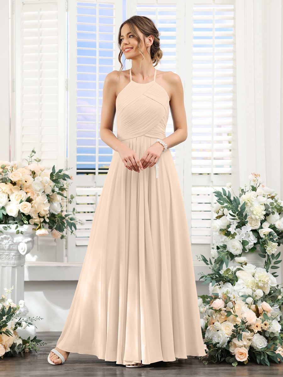 Princess A-Line Halter Floor-Length Chiffon Bridesmaid Dresses with Ruched Sleeveless Design