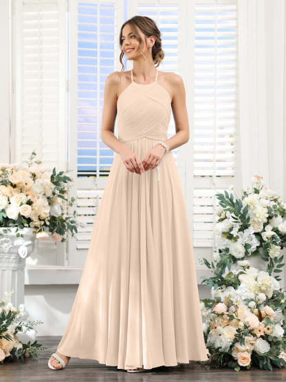 Princess A-Line Halter Floor-Length Chiffon Bridesmaid Dresses with Ruched Sleeveless Design