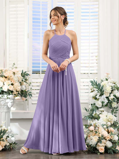 Princess A-Line Halter Floor-Length Chiffon Bridesmaid Dresses with Ruched Sleeveless Design