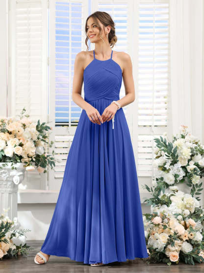 Princess A-Line Halter Floor-Length Chiffon Bridesmaid Dresses with Ruched Sleeveless Design
