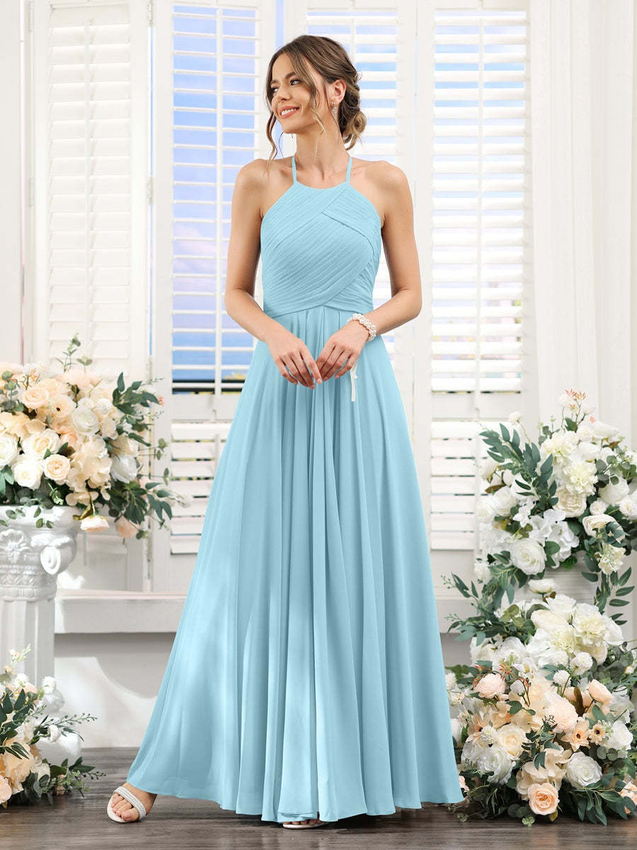 Princess A-Line Halter Floor-Length Chiffon Bridesmaid Dresses with Ruched Sleeveless Design