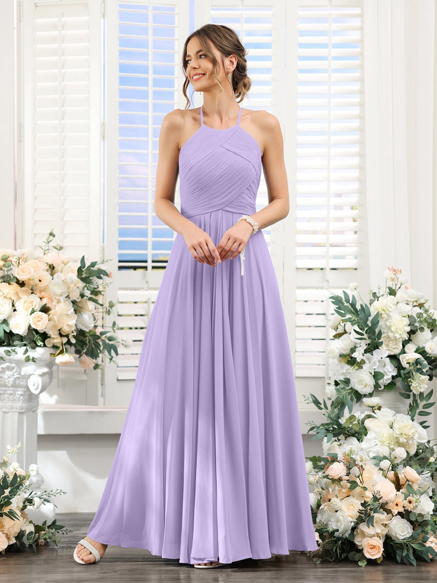 Princess A-Line Halter Floor-Length Chiffon Bridesmaid Dresses with Ruched Sleeveless Design
