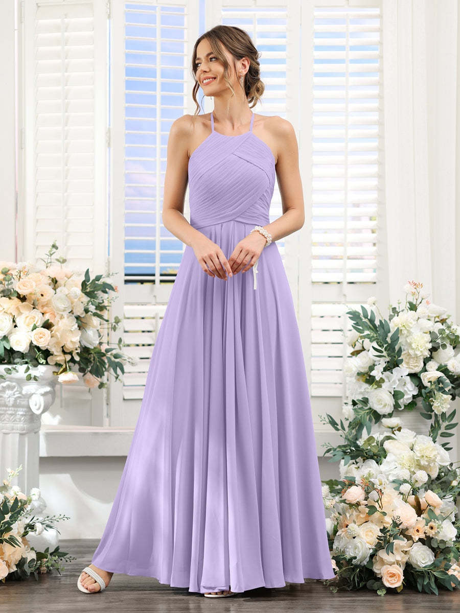 Princess A-Line Halter Floor-Length Chiffon Bridesmaid Dresses with Ruched Sleeveless Design